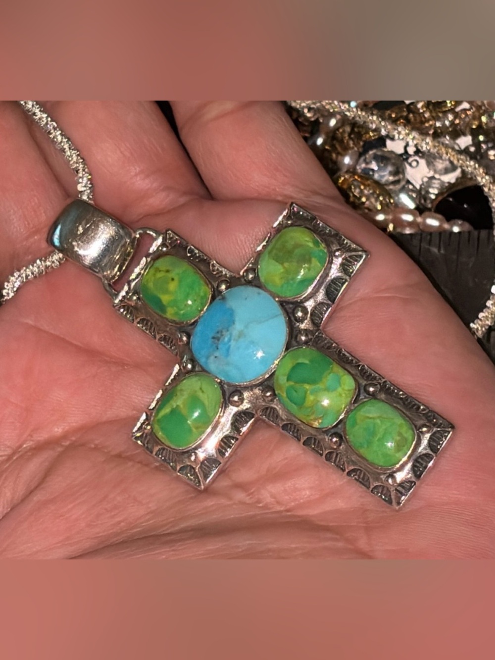 Large Sterling Silver & Turquoise Cross Pendant ( PENDANT ONLY )